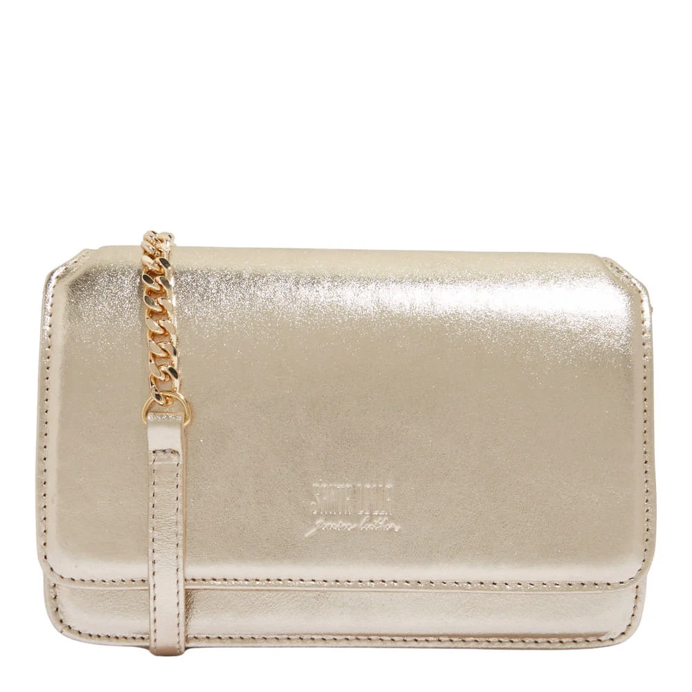 Bolsa Flap Bag Couro Metalizado Dourada Alça Corrente - vista 1 de 3