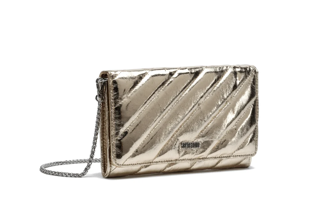 Bolsa Clutch Metalizada Dourada Alça Corrente Transversal - vista 2 de 3