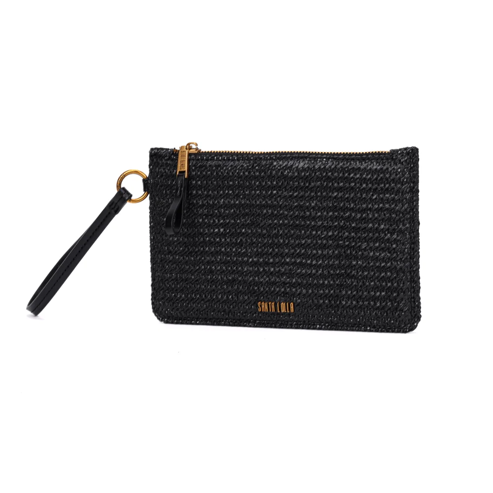 Clutch Preta Palha Tramado Alça De Mão - vista 3 de 7