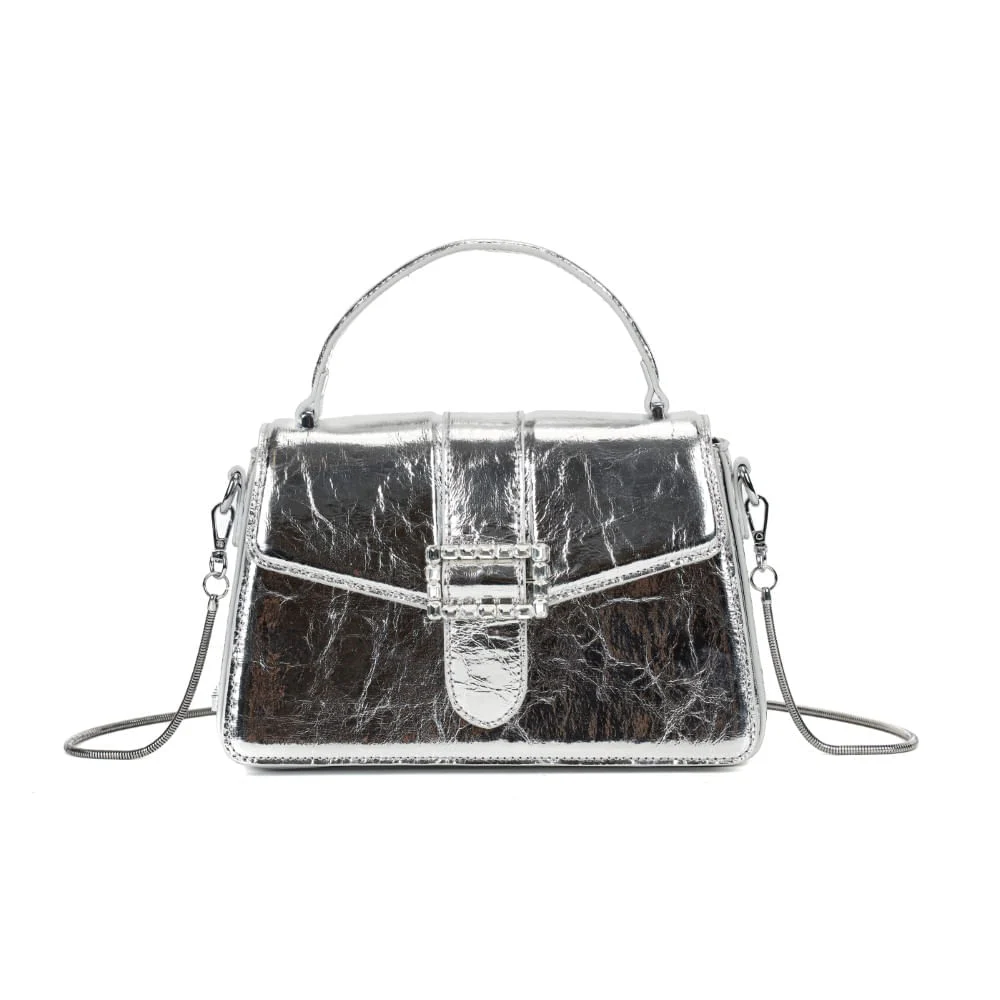 Bolsa Pequena Prata Metalizado Crinkle Fivela Brilho - vista 2 de 8