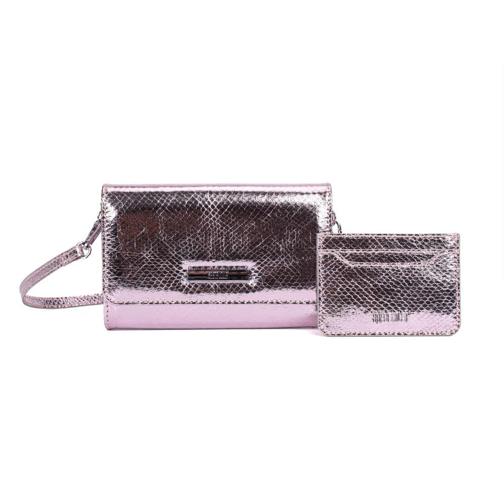Kit Presente Bolsa Transversal E Porta Cartão Snake Rosa Metalizado - vista 2 de 7