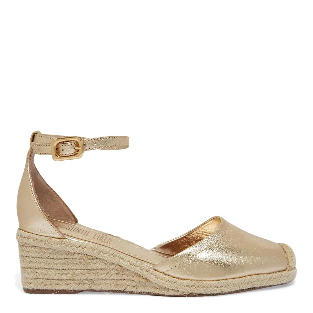 Sandalia Espadrilhe Couro Metalizada Dourada Salto Baixo - vista 1 de 3