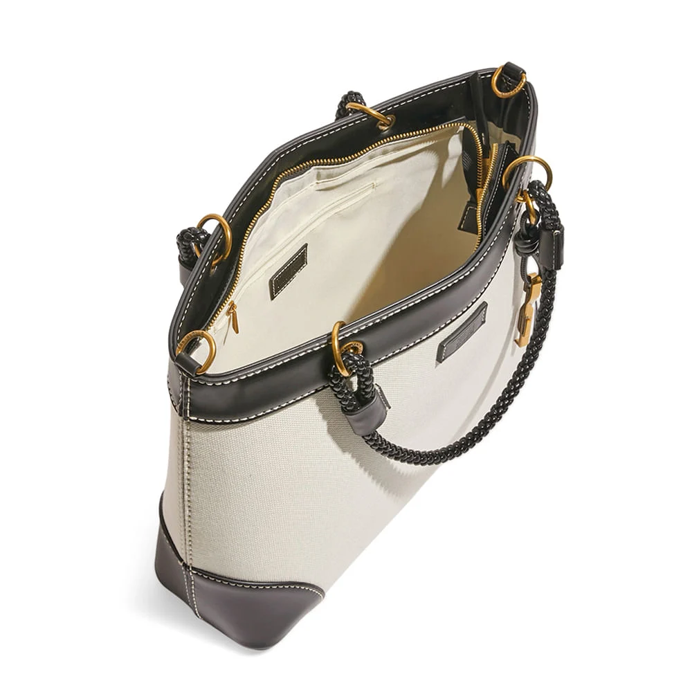 Bolsa Tote Bag Canvas Preto E Branco Recortes Pespontos - vista 3 de 3
