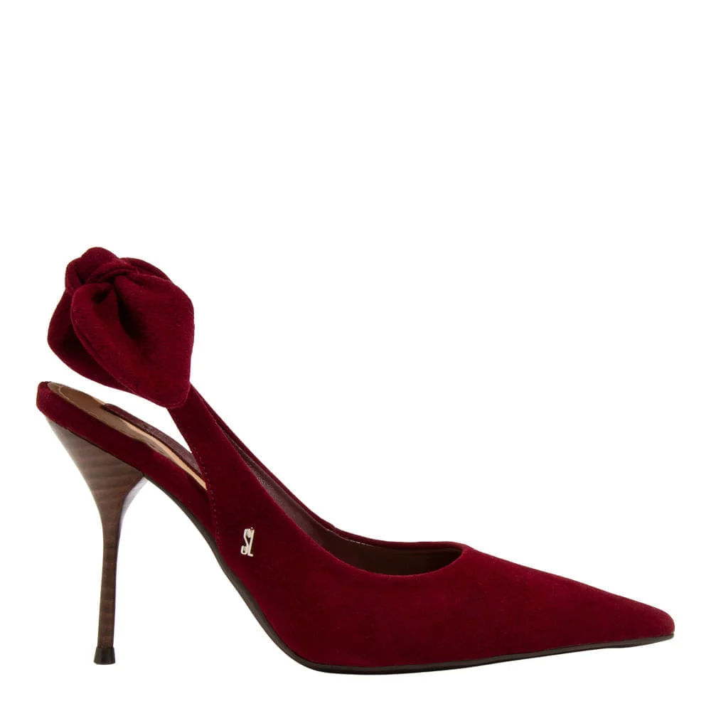 Scarpin Slingback Couro Camurça Merlot Amarração - vista 3 de 5