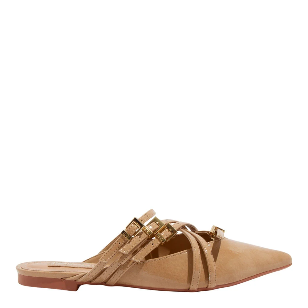 Mule Bico Fino Verniz Glossy Bege Tiras Fivela - vista 1 de 4