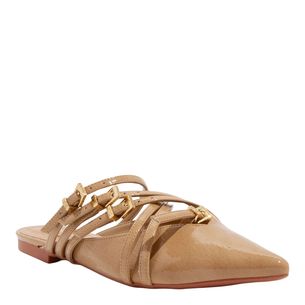 Mule Bico Fino Verniz Glossy Bege Tiras Fivela - vista 2 de 4