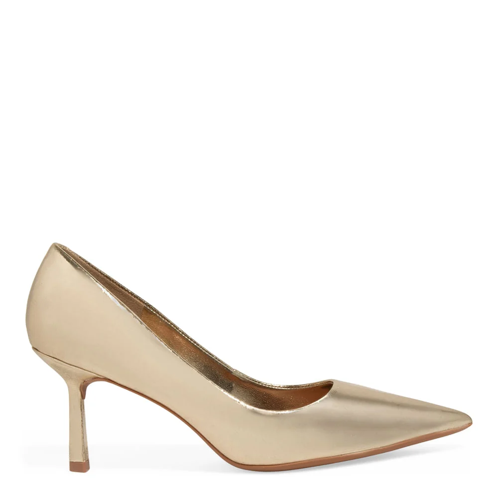 Scarpin Couro Metalizado Dourado Salto Fino - vista 1 de 3