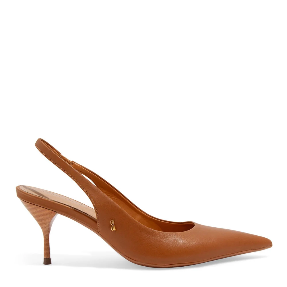 Scarpin Slingback Couro Confort Caramelo Bico Fino Salto Agulha - vista 1 de 3