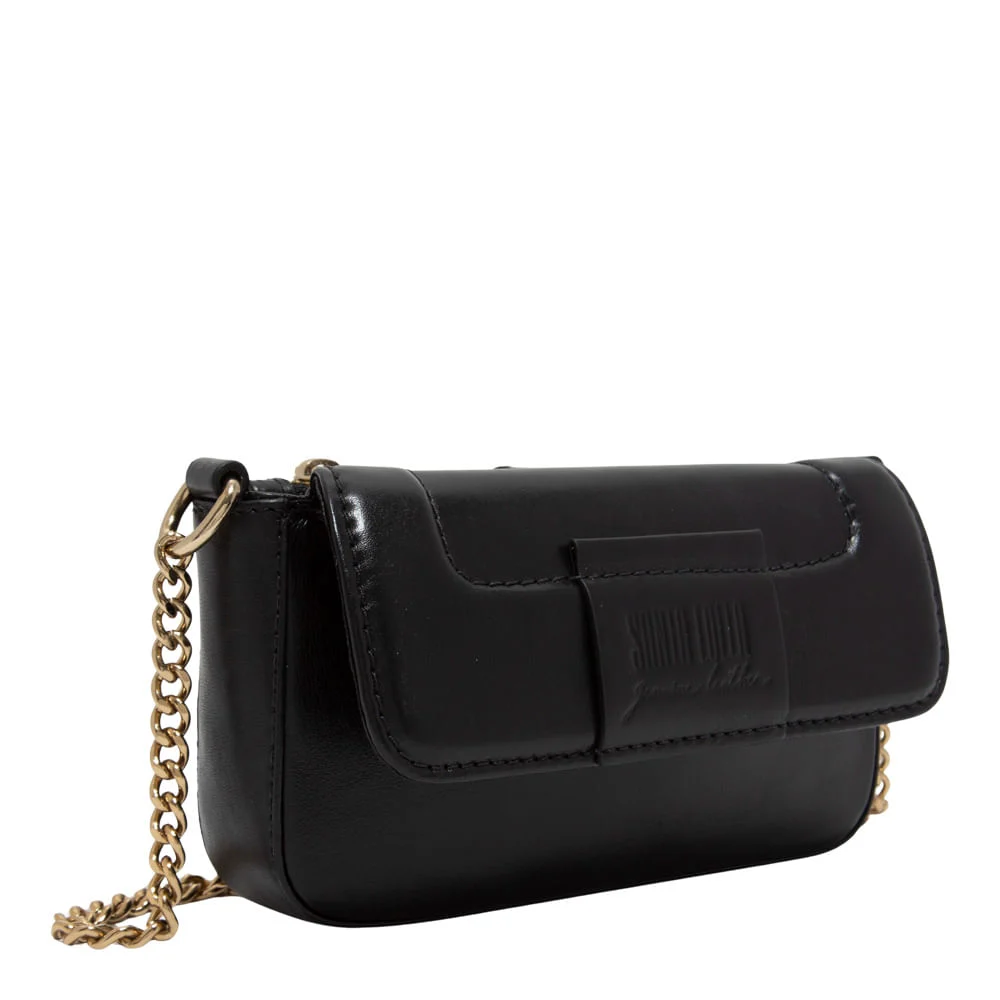 Bolsa Pequena Couro Soft Preto Alça Corrente - vista 2 de 3