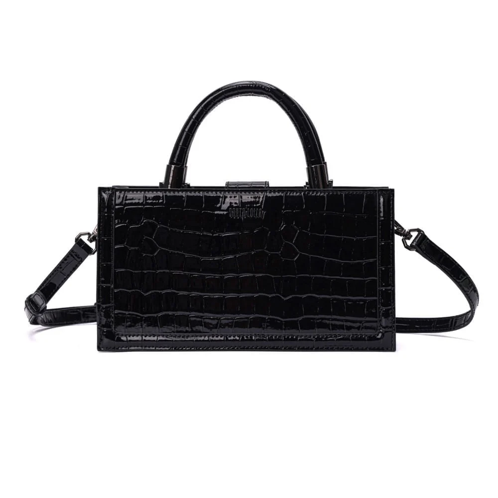 Bolsa Tote Pequena Croco Preta Alça Dupla - vista 3 de 8