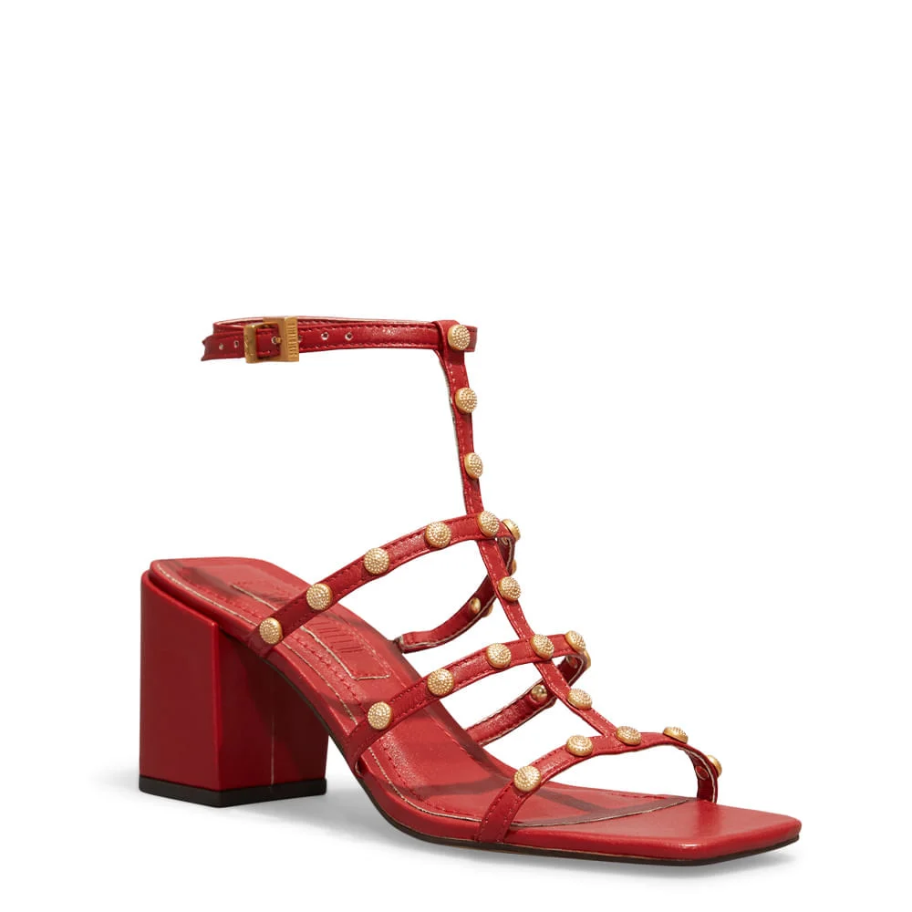 Sandália Napa Soft Vermelha Tiras Tachas Salto Grosso Baixo - vista 3 de 4