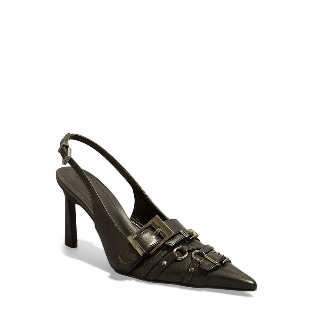 Scarpin Couro Confort Preto Bico Fino Fivela - vista 3 de 6