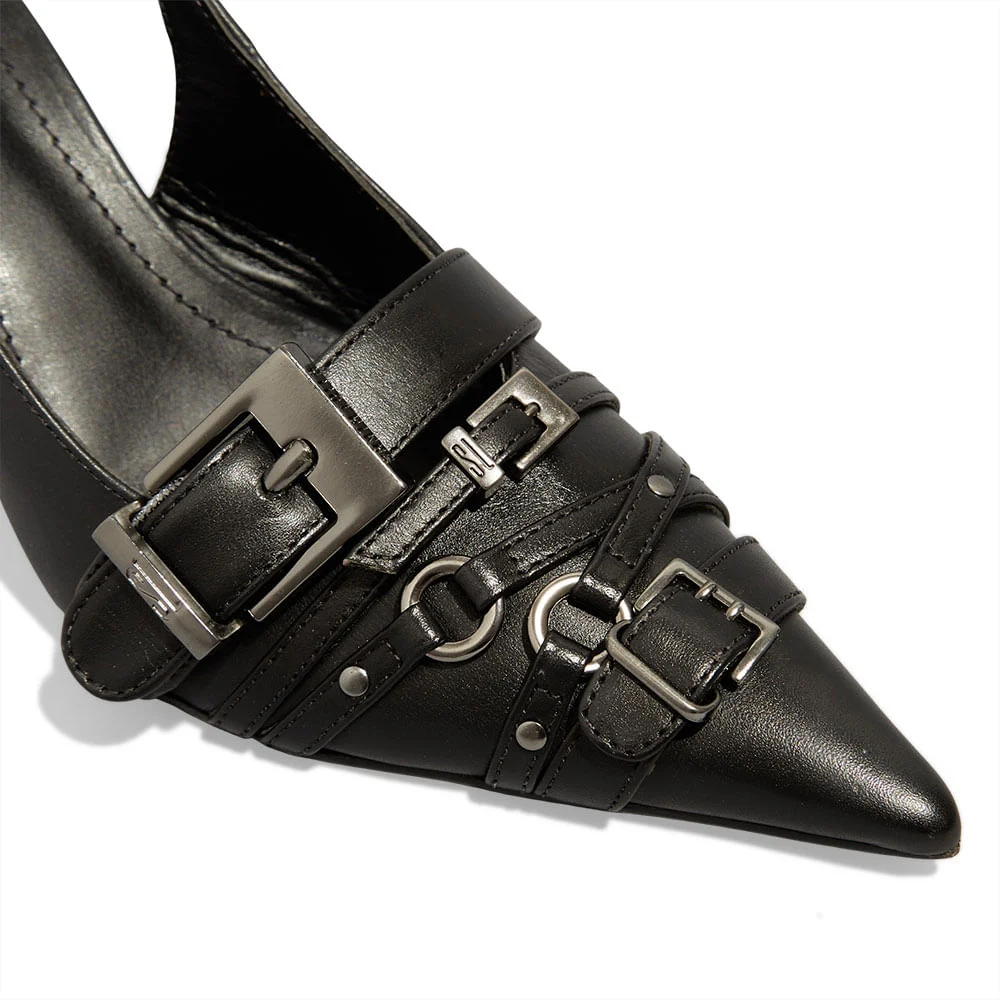 Scarpin Couro Confort Preto Bico Fino Fivela - vista 6 de 6