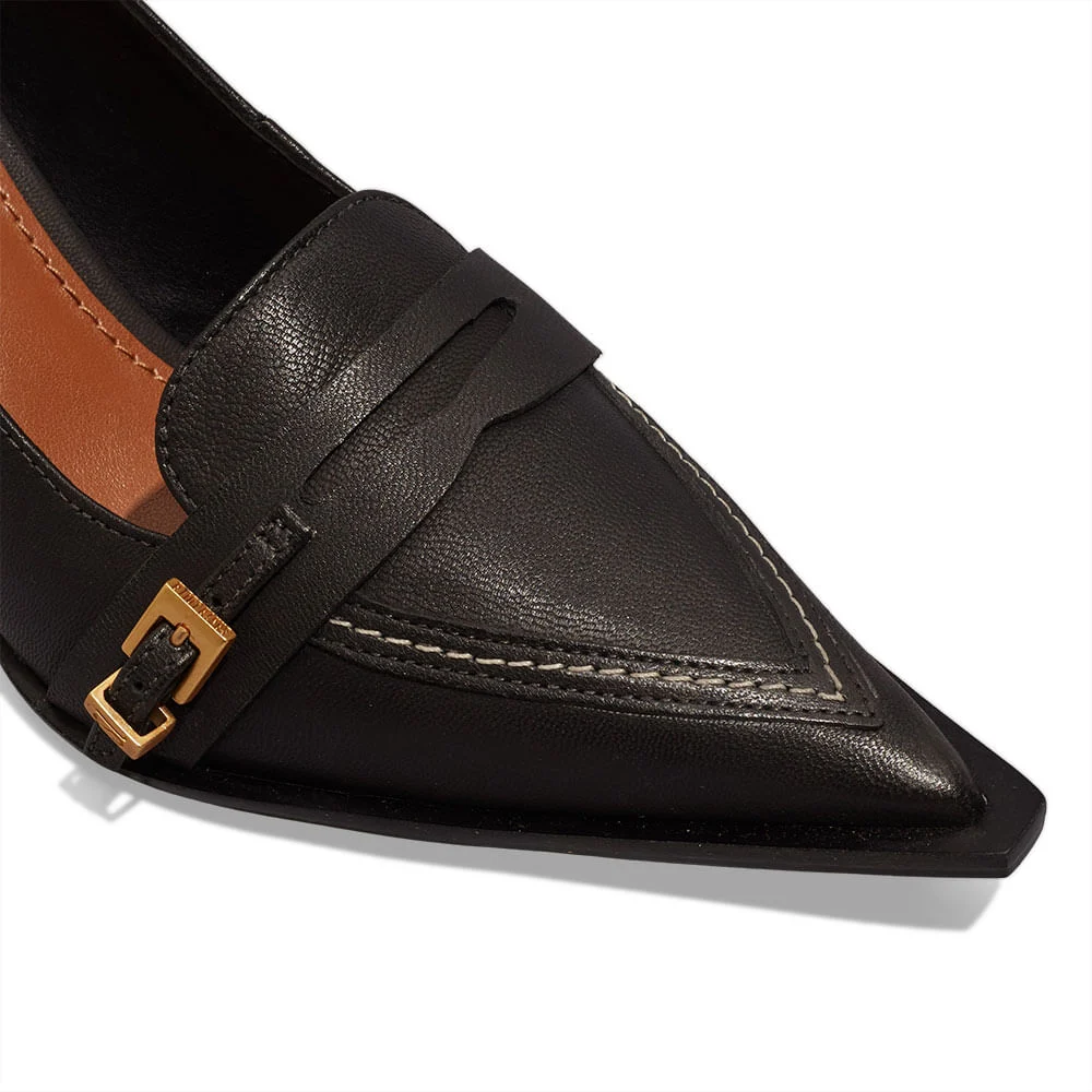 Scarpin couro pelica bico fino fivela preto - vista 3 de 4