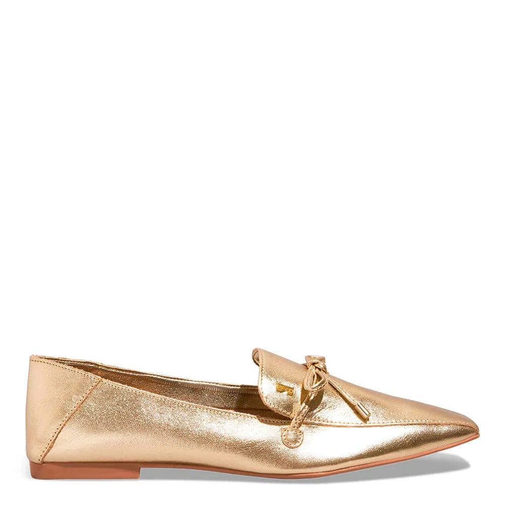 Mocassim Couro Metalizado Malibu Dourado Bico Quadrado - vista 1 de 4