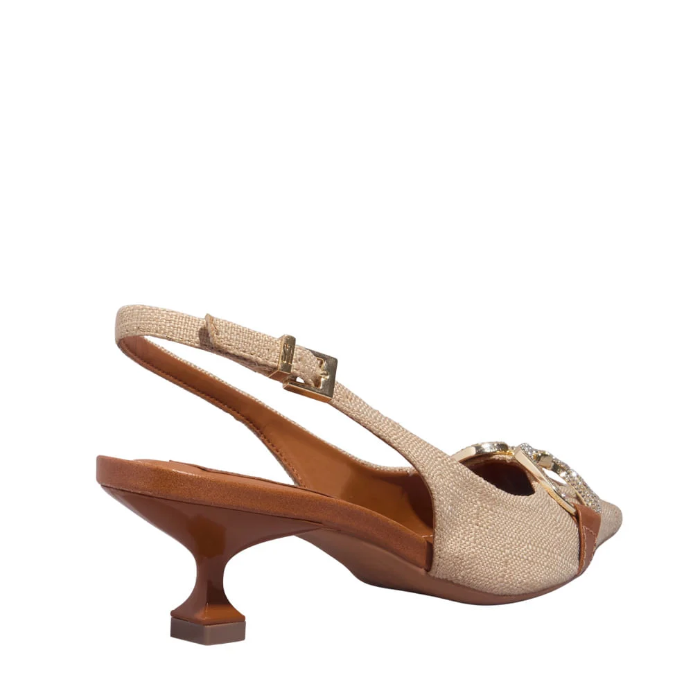 Scarpin Slingback Pedraria Linho Copacabana Bege Salto Baixo Bico Fino - vista 3 de 4