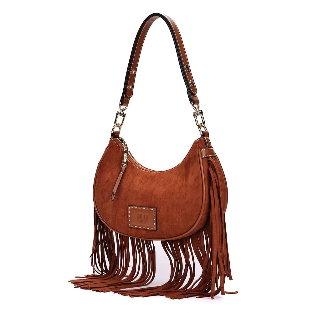 Bolsa Hobo Camurça Marrom Franjas Alça de Ombro - vista 3 de 7