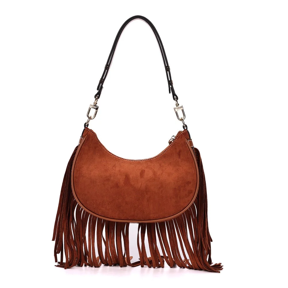 Bolsa Hobo Camurça Marrom Franjas Alça de Ombro - vista 5 de 7