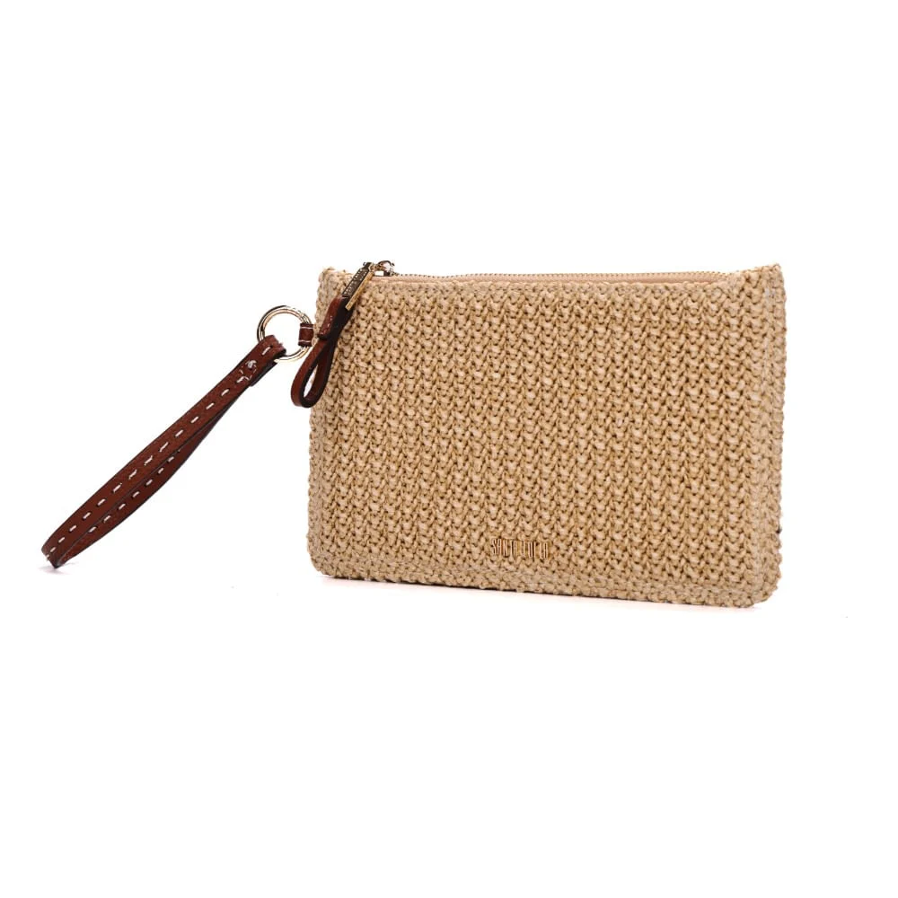 Clutch Pequena Palha Bege Alça De Mão - vista 3 de 7