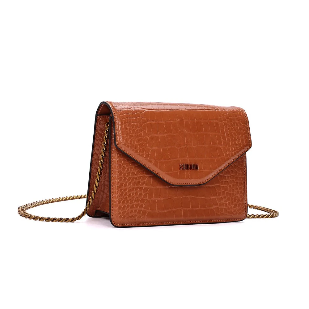 Bolsa Envelope Croco Marrom Alça Corrente Transversal - vista 2 de 7