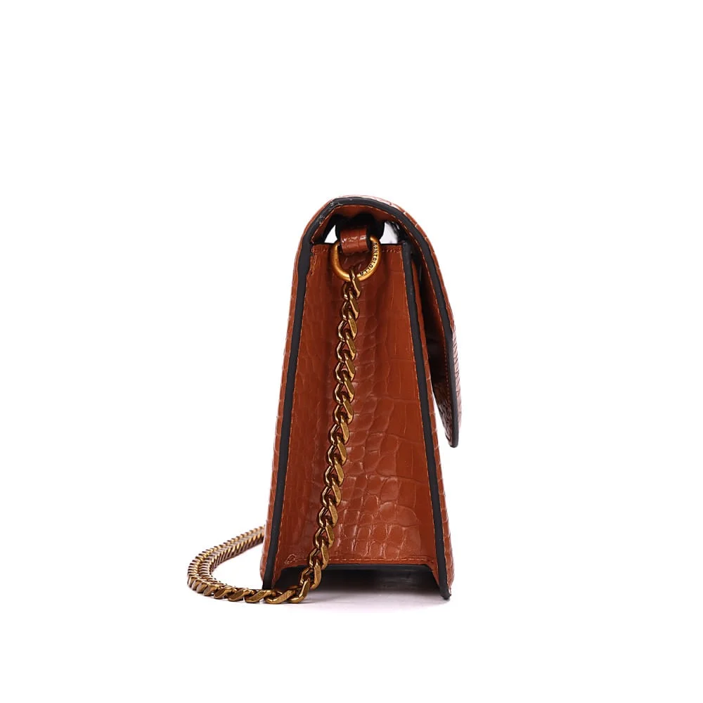Bolsa Envelope Croco Marrom Alça Corrente Transversal - vista 4 de 7
