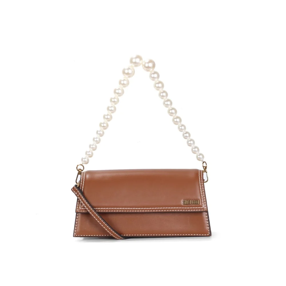 Bolsa Soft Marrom Alça de Pérolas e Transversal - vista 1 de 3