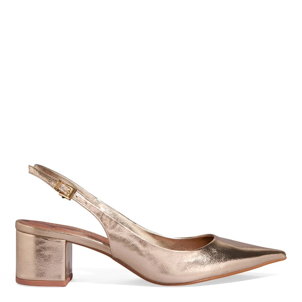 Scarpin Slingback Metalizado Salto Bloco Bico Fino Dourado - vista 1 de 3