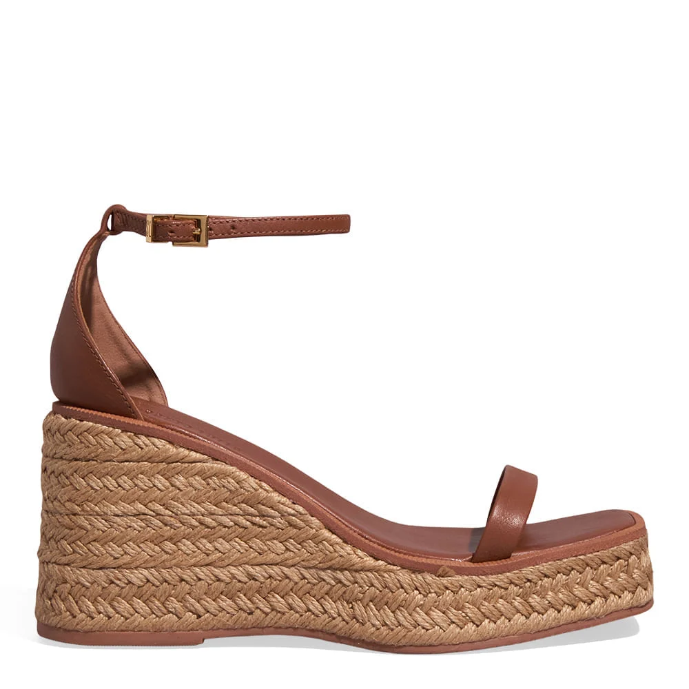 Sandália Espadrille Anabela Couro Confort Marrom - vista 1 de 3