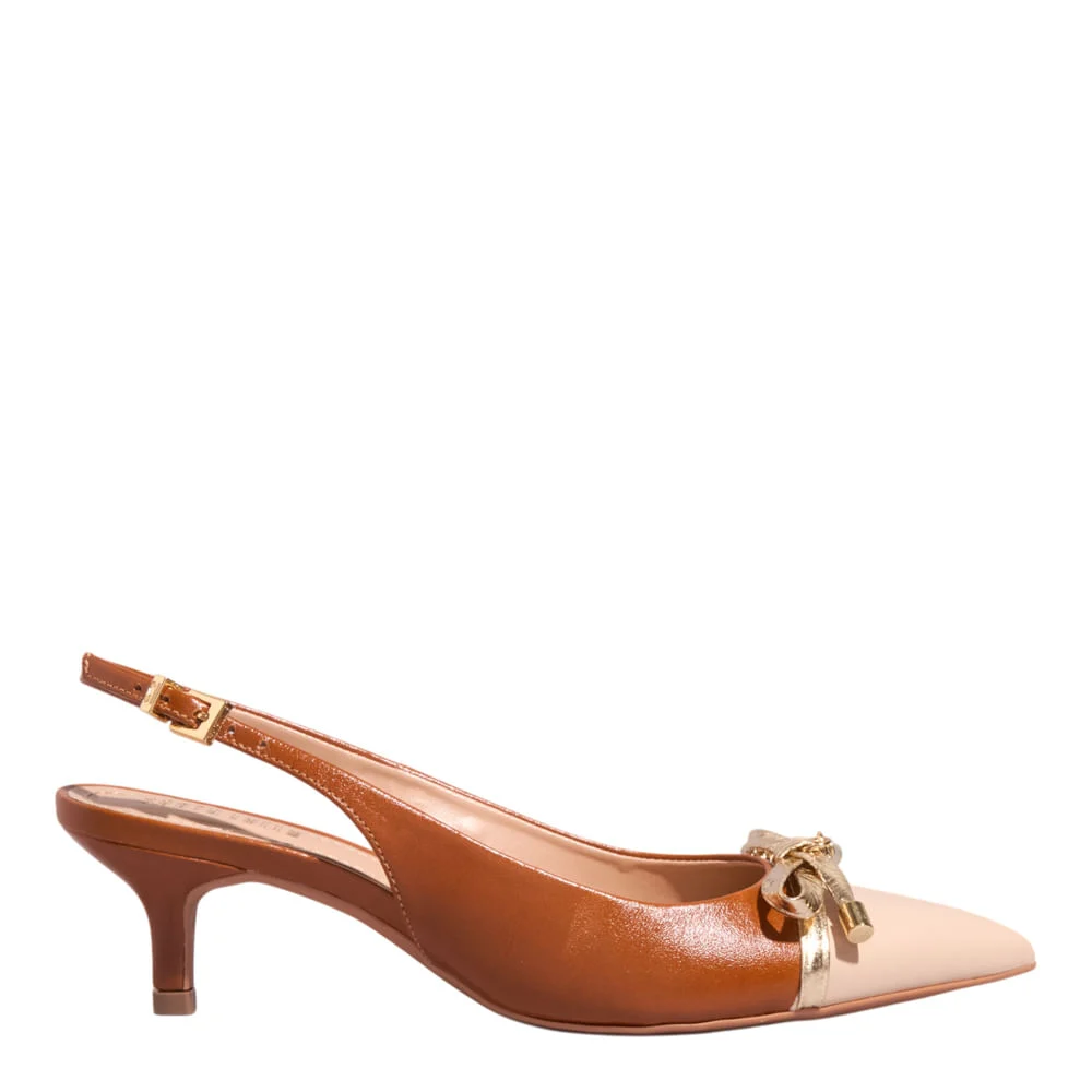 Scarpin Slingback Couro Confort Bico Fino Salto Baixo Caramelo - vista 1 de 3