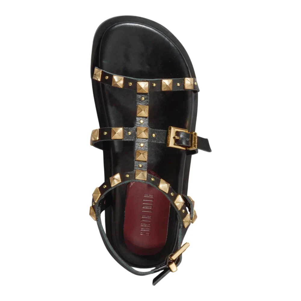 Papete Couro Confort Preta Tiras Spikes - vista 4 de 5