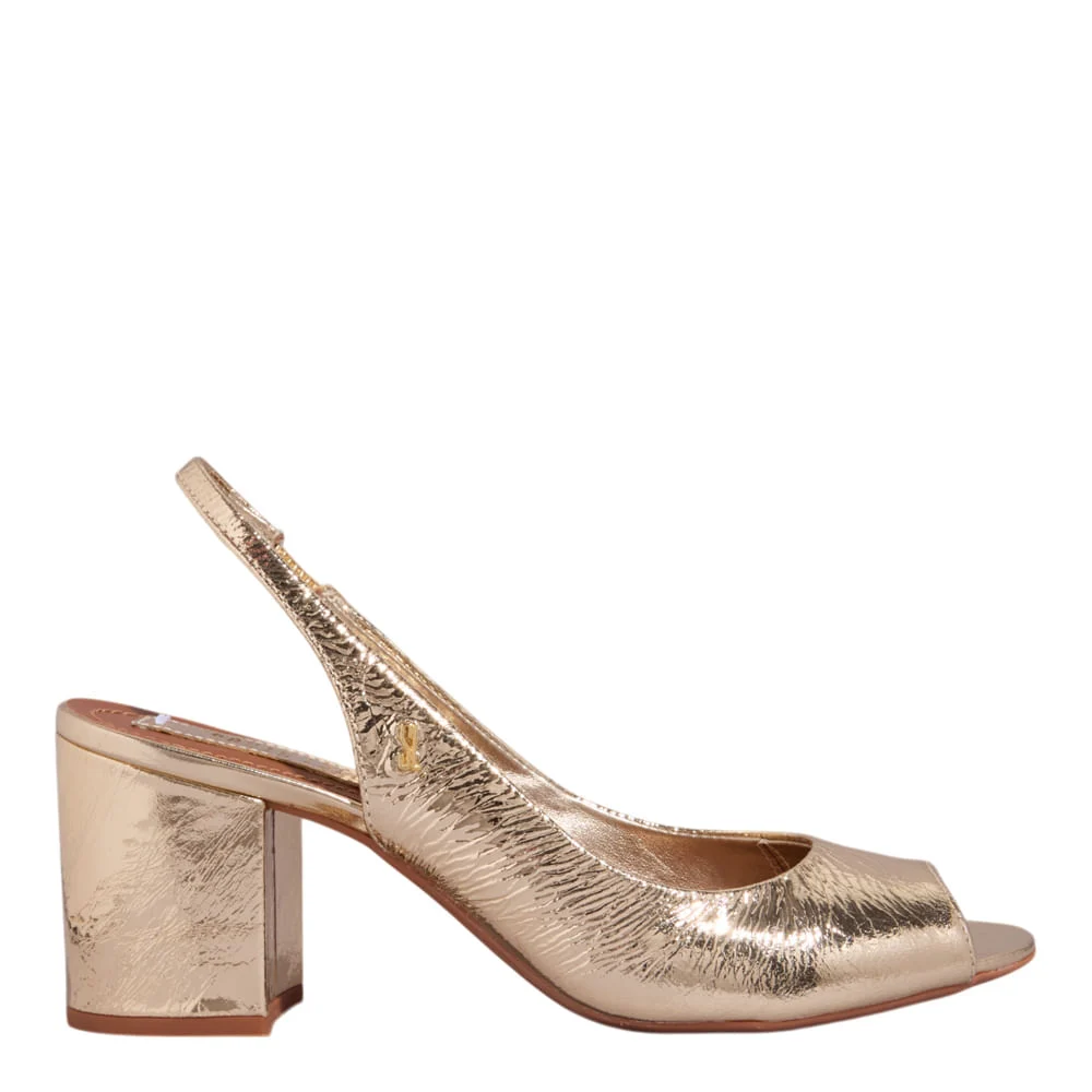 Peep Toe Slingback Couro Metalizado Salto Grosso Dourado - vista 1 de 3