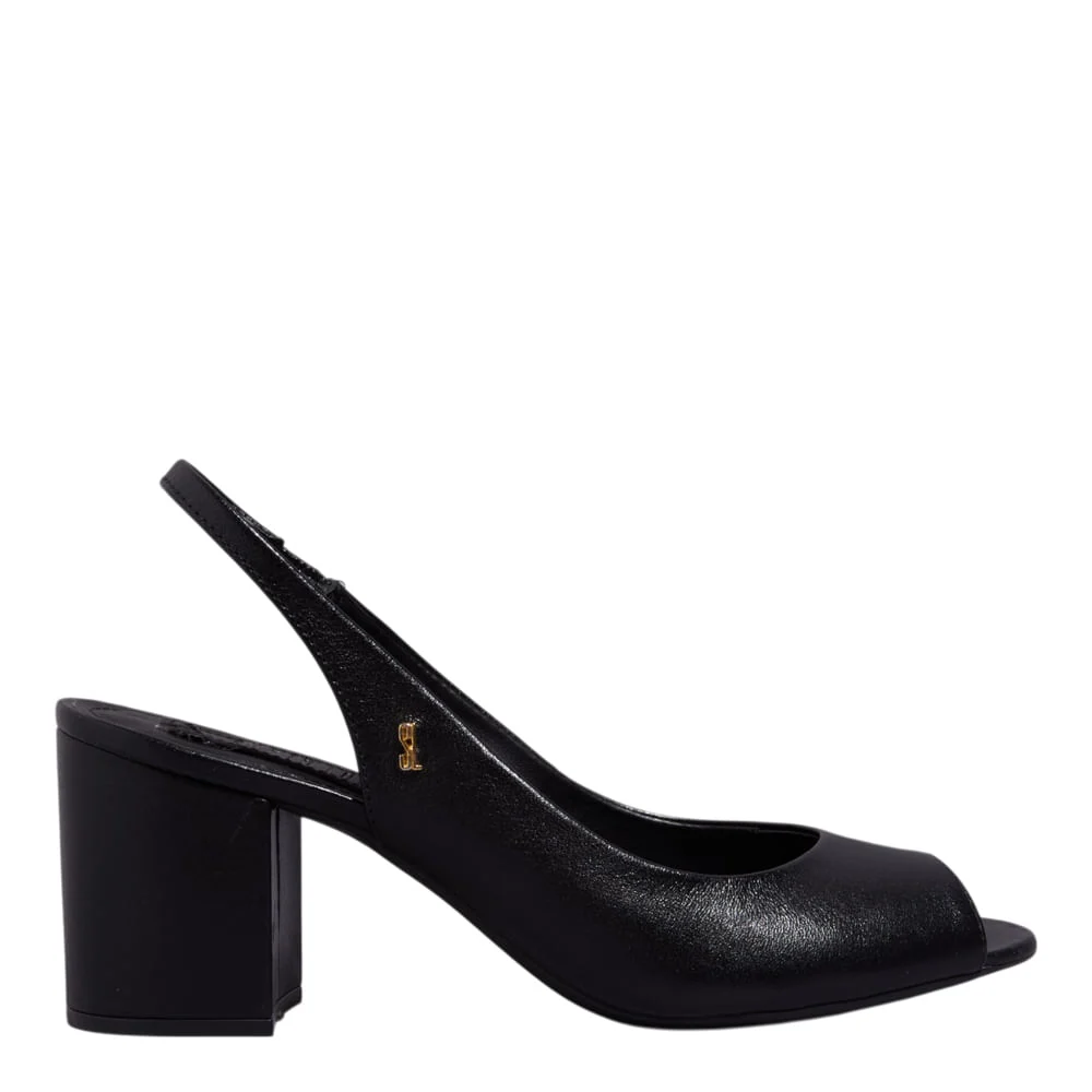 Peep Toe Slingback Couro Preto Salto Grosso - vista 1 de 3