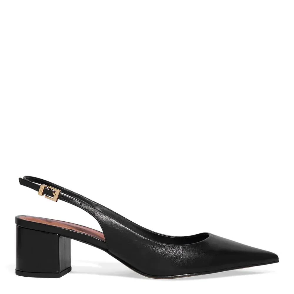 Scarpin Couro Confort Preto Bico Fino Salto Bloco Baixo - vista 1 de 3