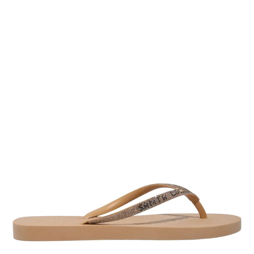 Chinelo Flip Flop Borracha Tiras Strass Brilho Bege - vista 1 de 5