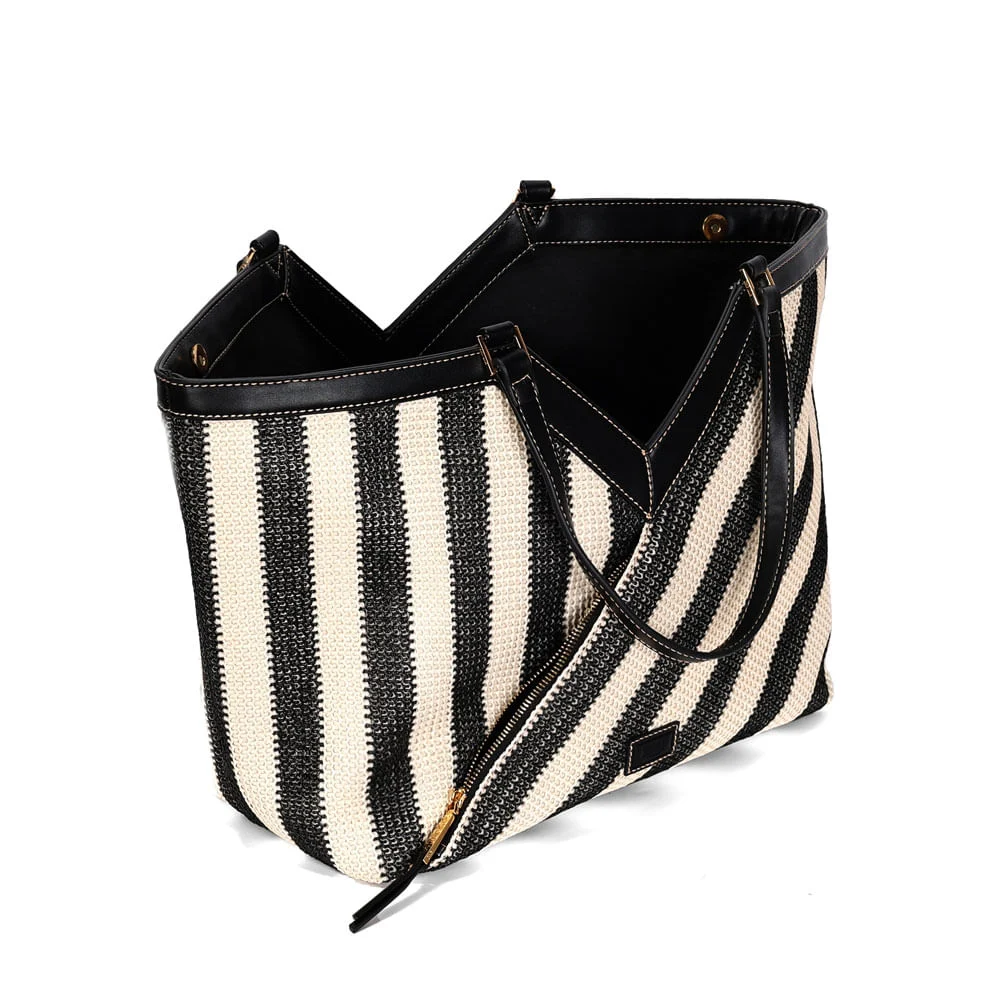 Bolsa Tramado Alça De Mão Listrada Preta e Branco - vista 3 de 4