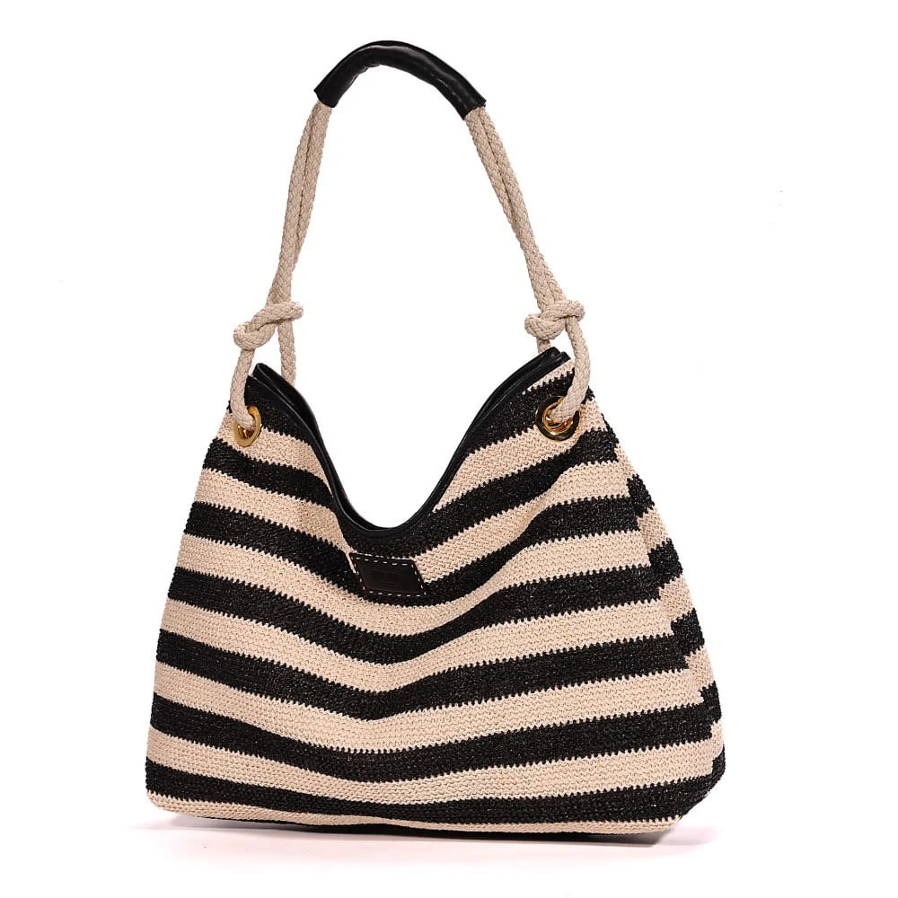 Bolsa Tramado Alça De Mão Listrada Preta a Branco - vista 3 de 9