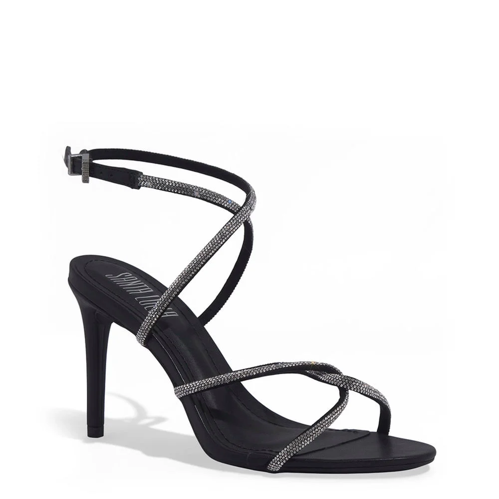 Sandália Napa Soft Strass Brilho Salto Alto Fino Preta - vista 2 de 3