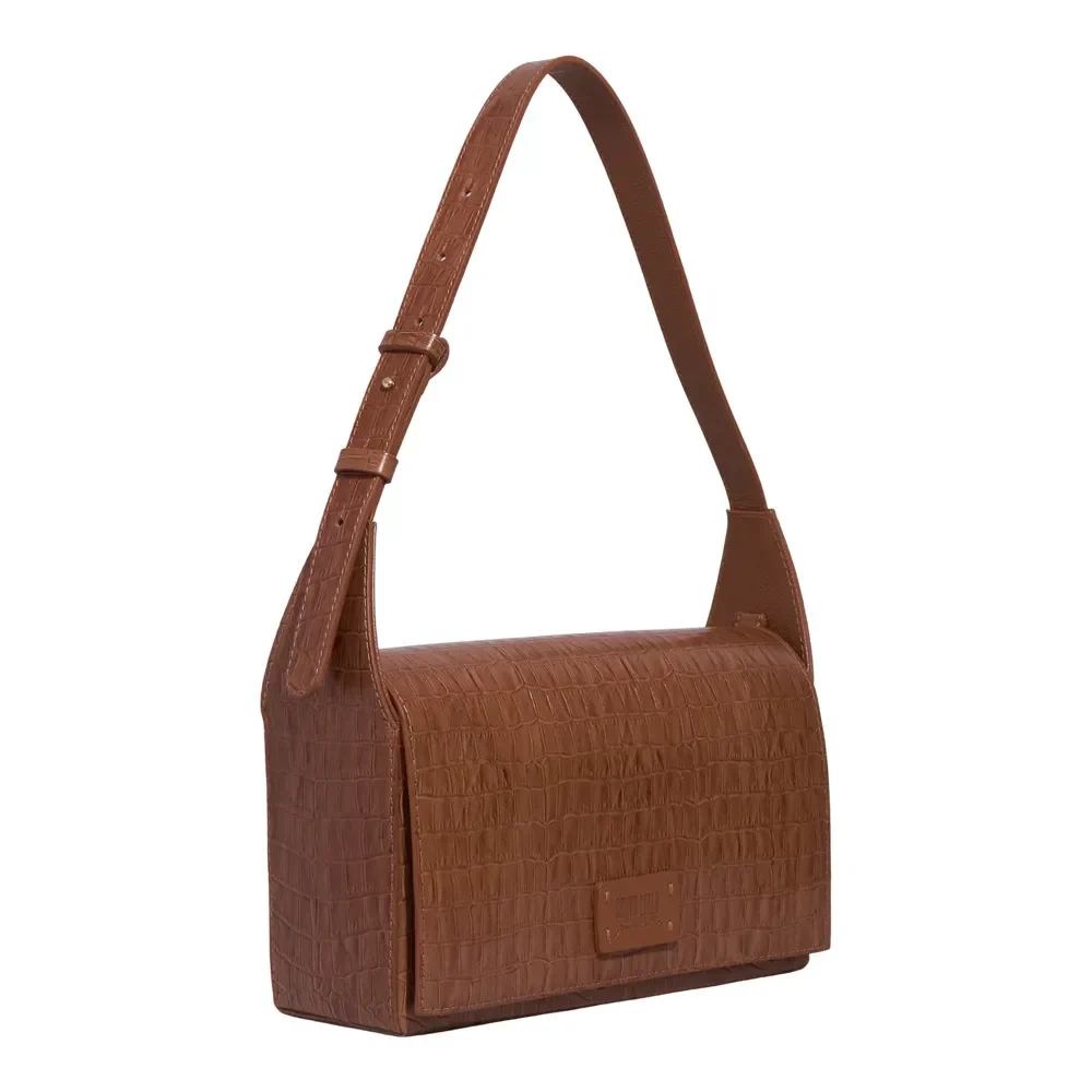 Bolsa Média Couro Croco Marrom Safari Alça De Ombro - vista 2 de 3