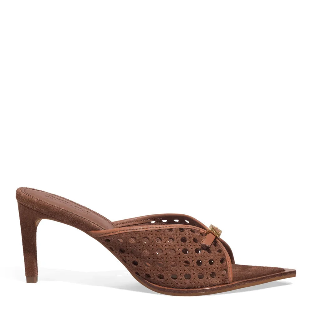 Mule Peep Toe Couro Camurça Tresse Salto Fino Marrom - vista 1 de 3