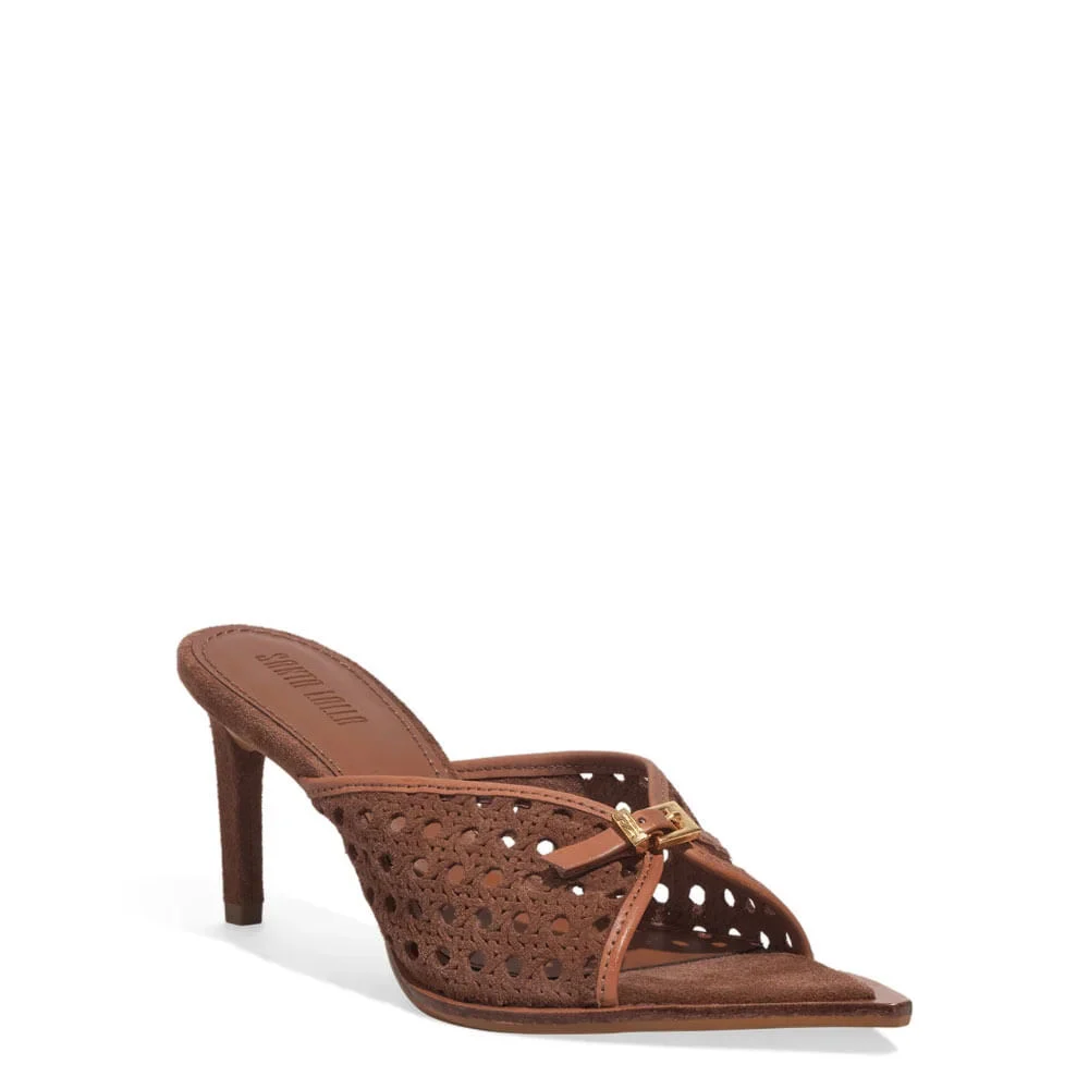 Mule Peep Toe Couro Camurça Tresse Salto Fino Marrom - vista 2 de 3