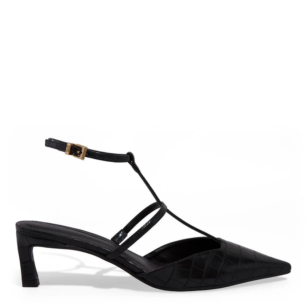 Scarpin Slingback Croco Salto Baixo Fino Preto - vista 1 de 3