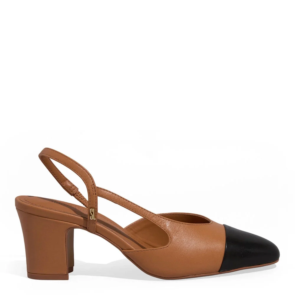 Scarpin Slingback Couro Salto Bloco Baixo Caramelo - vista 1 de 3