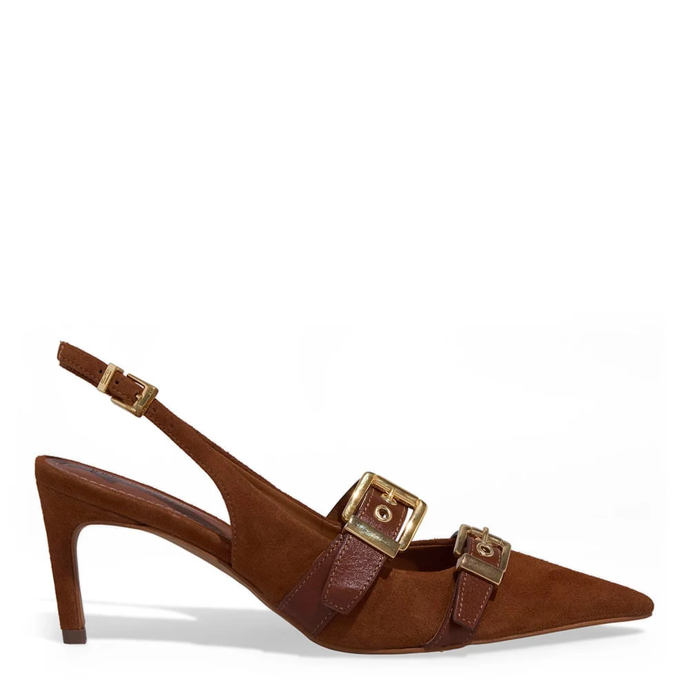 Scarpin Slingback Couro Camurça Salto Fino Marrom Safari - vista 1 de 3