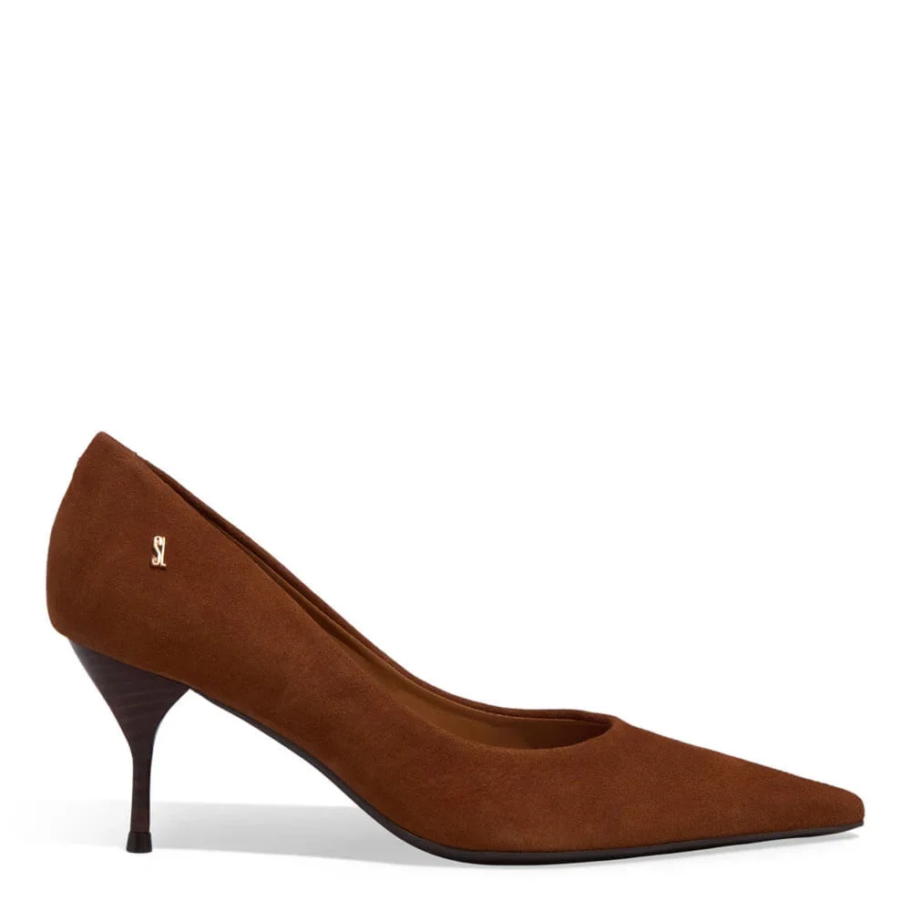 Scarpin Couro Nobuck Salto Agulha Marrom Safari - vista 1 de 3