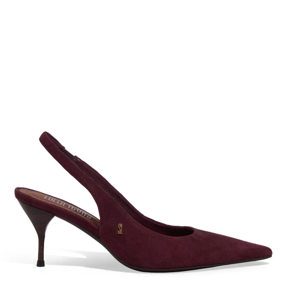 Scarpin Slingback Couro Nobuck Salto Agulha Roxo Berry - vista 1 de 3