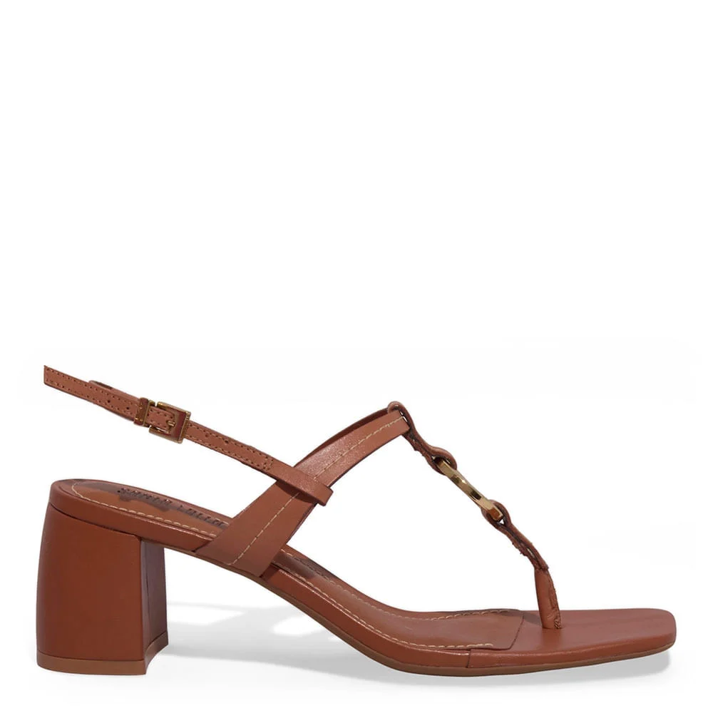 Sandália Thong Couro Soft Salto Bloco Marrom - vista 1 de 3
