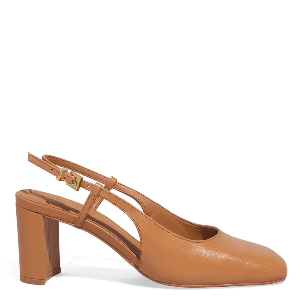 Scarpin Boneca Slingback Couro Nobre Salto Grosso Caramelo - vista 1 de 3