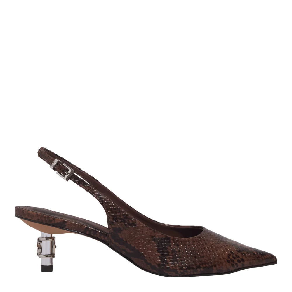 Scarpin Couro New Snake Animal Print Marrom Castanho Salto Baixo Fino Metal - vista 1 de 5