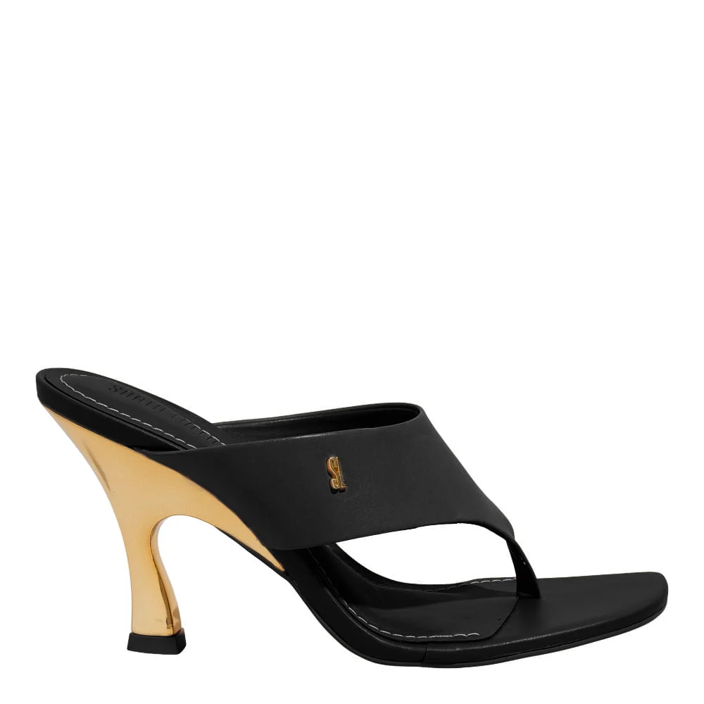 Mule Couro Nobre Soft Preto Salto Fino Dourado - vista 1 de 3