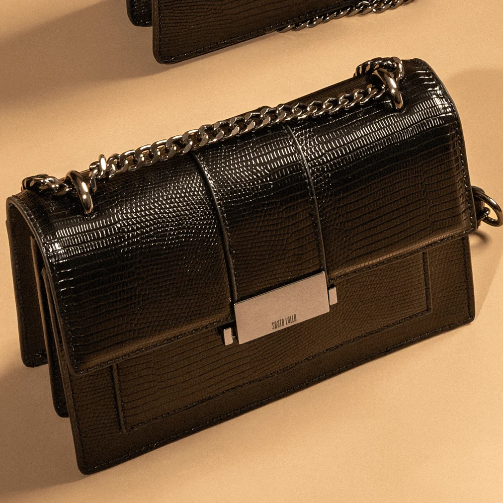 Bolsa Pequena Lizard Texturizada Alça Corrente Preto - vista 2 de 8